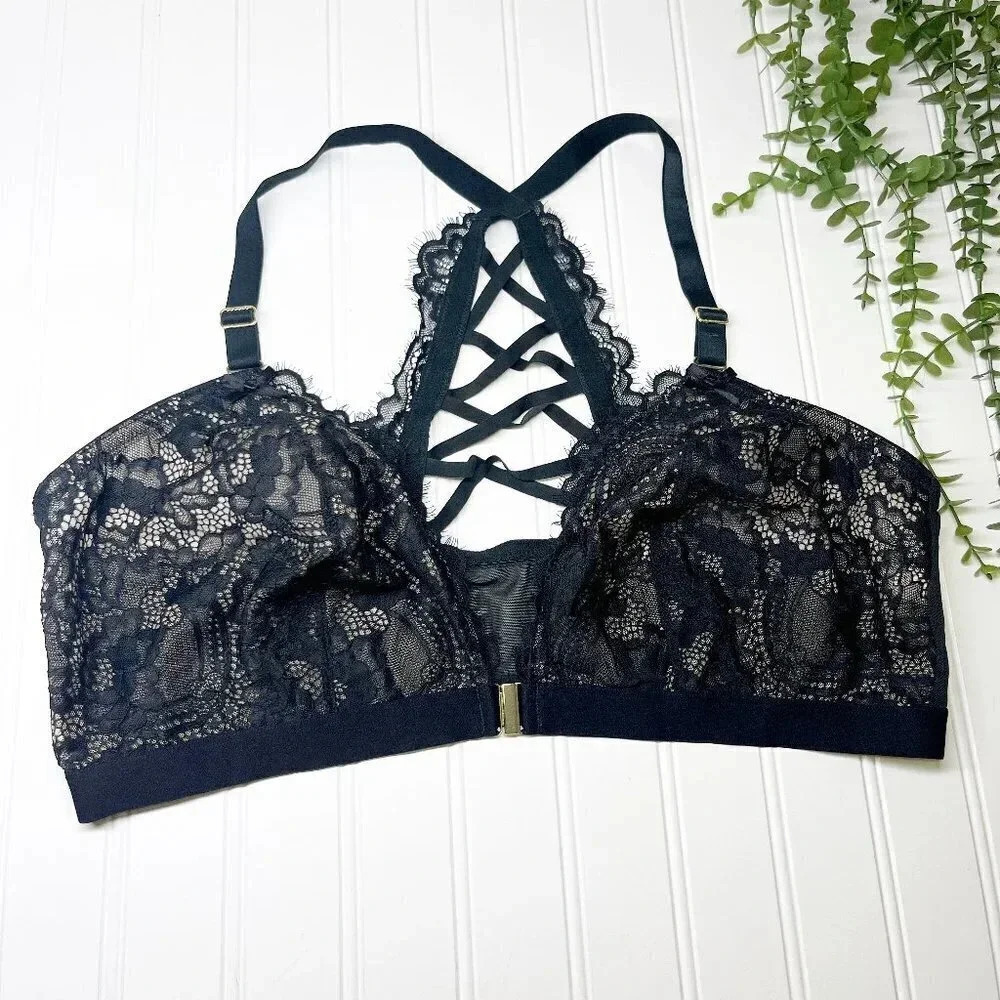 Cacique - Lane Bryant Black Lace Unlined Strappy Back Front Closure Bralette 44C